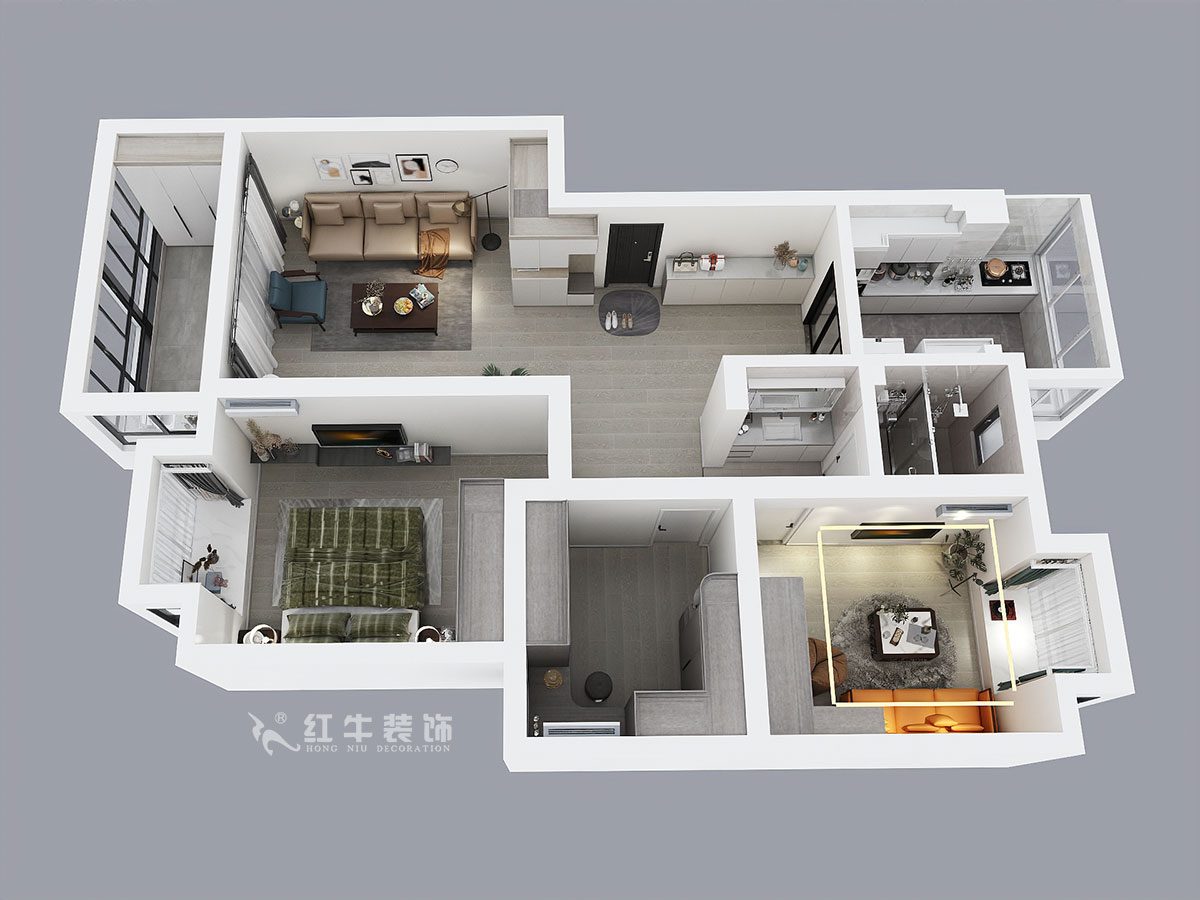 蔣?。趟铺?-3-401-106㎡-現(xiàn)代簡約風格｜3室2廳1衛(wèi)｜新房裝修｜成品家￥152999｜全包15萬｜00_04鳥瞰圖