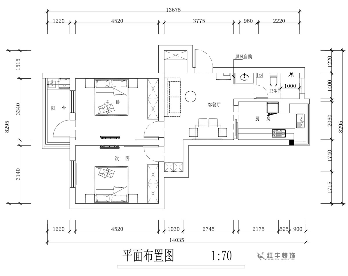蔣?。蔡┐?1-401-80㎡-現(xiàn)代簡約風格｜2室1廳1衛(wèi)｜舊房裝修｜定制家￥126767｜全包12萬｜00_02平面布置圖