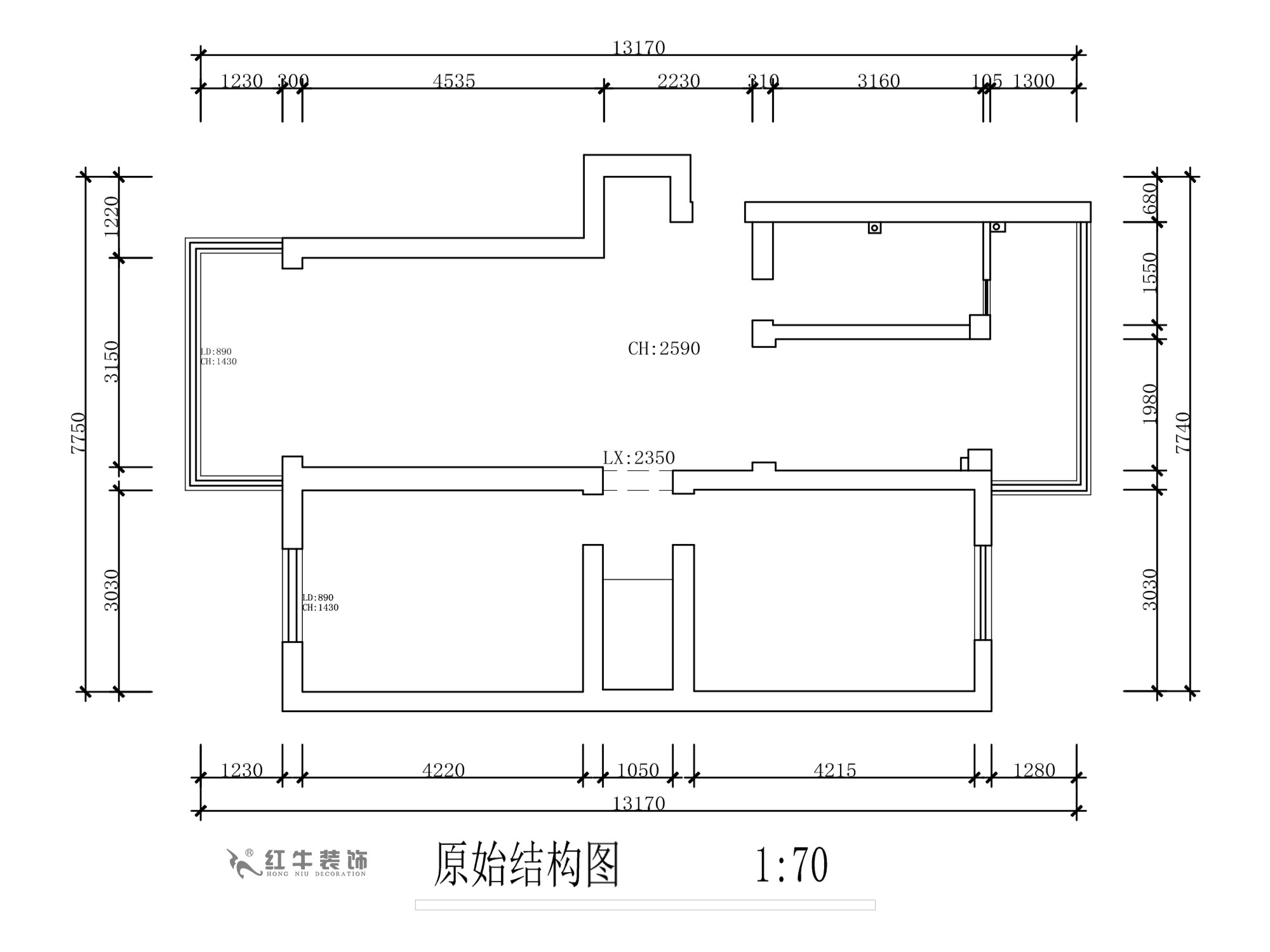 蔣?。旄@43-401-90㎡-現(xiàn)代簡約風(fēng)格｜2室1廳1衛(wèi)｜舊房裝修｜定制家￥122757｜全包12萬｜00_01原始結(jié)構(gòu)圖
