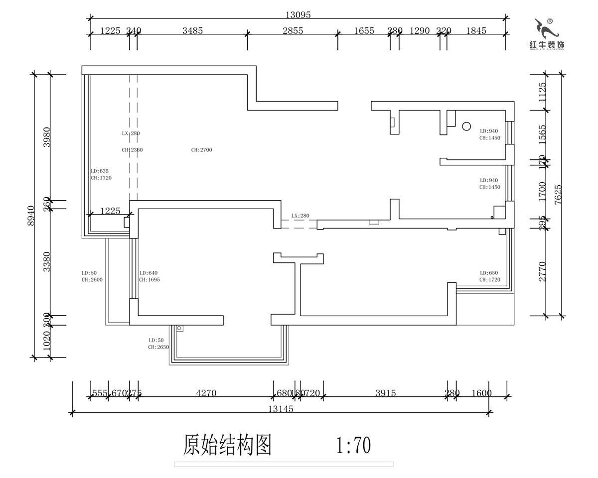 蔣?。霄沃腥A廣場11-601-110㎡-現(xiàn)代簡約風(fēng)格｜2室2廳1衛(wèi)｜舊房裝修｜定制家￥140400｜全包15萬｜00_01原始結(jié)構(gòu)圖