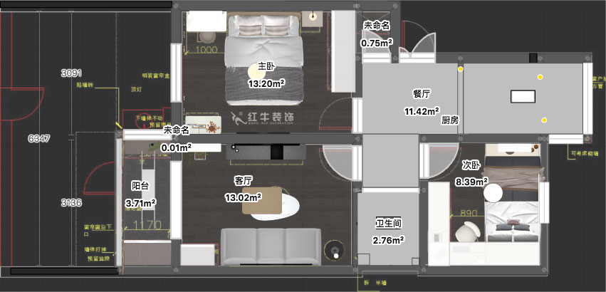 蔣?。驳吕?0號(hào)玻纖院小區(qū)14-103-65㎡-現(xiàn)代簡(jiǎn)約風(fēng)格｜3室1廳1衛(wèi)｜老房裝修｜定制家｜全包10萬｜00_03平面彩圖
