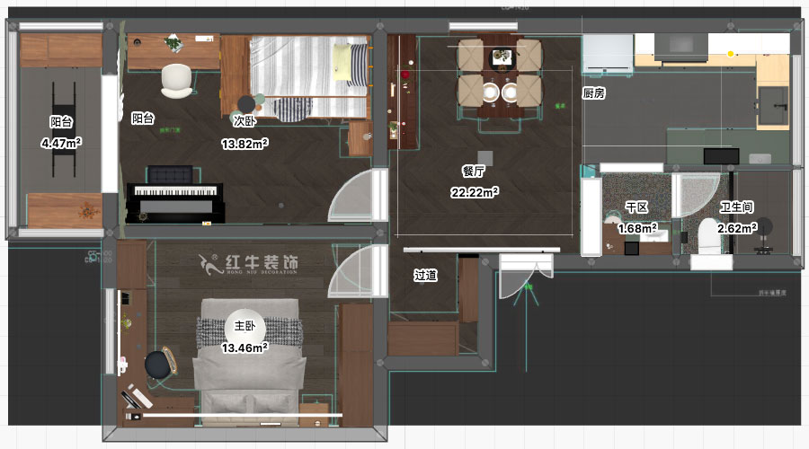 孟憲濤｜寧夏路18號3-204-70㎡-現代風格｜2室2廳1衛(wèi)｜老房裝修｜定制家｜全包12萬｜00_03平面彩圖