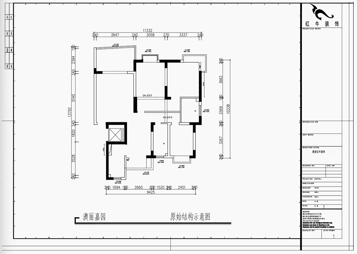 魏利利｜澳麗嘉園6-1004-128㎡-現(xiàn)代中古風｜3室2廳2衛(wèi)｜老房改造｜定制家｜全包17萬｜00_01原始結(jié)構示意圖